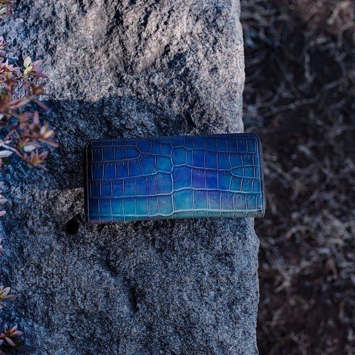 【受注染色】クロコダイルラウンドファスナーウォレット「二藍」YFA114 - yuhaku online shop